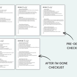 May include: A set of six white checklists with black text, labeled "Pre-Death Checklist" and "After I'm Gone Checklist." The checklists include various categories and bullet points for personal and financial planning.