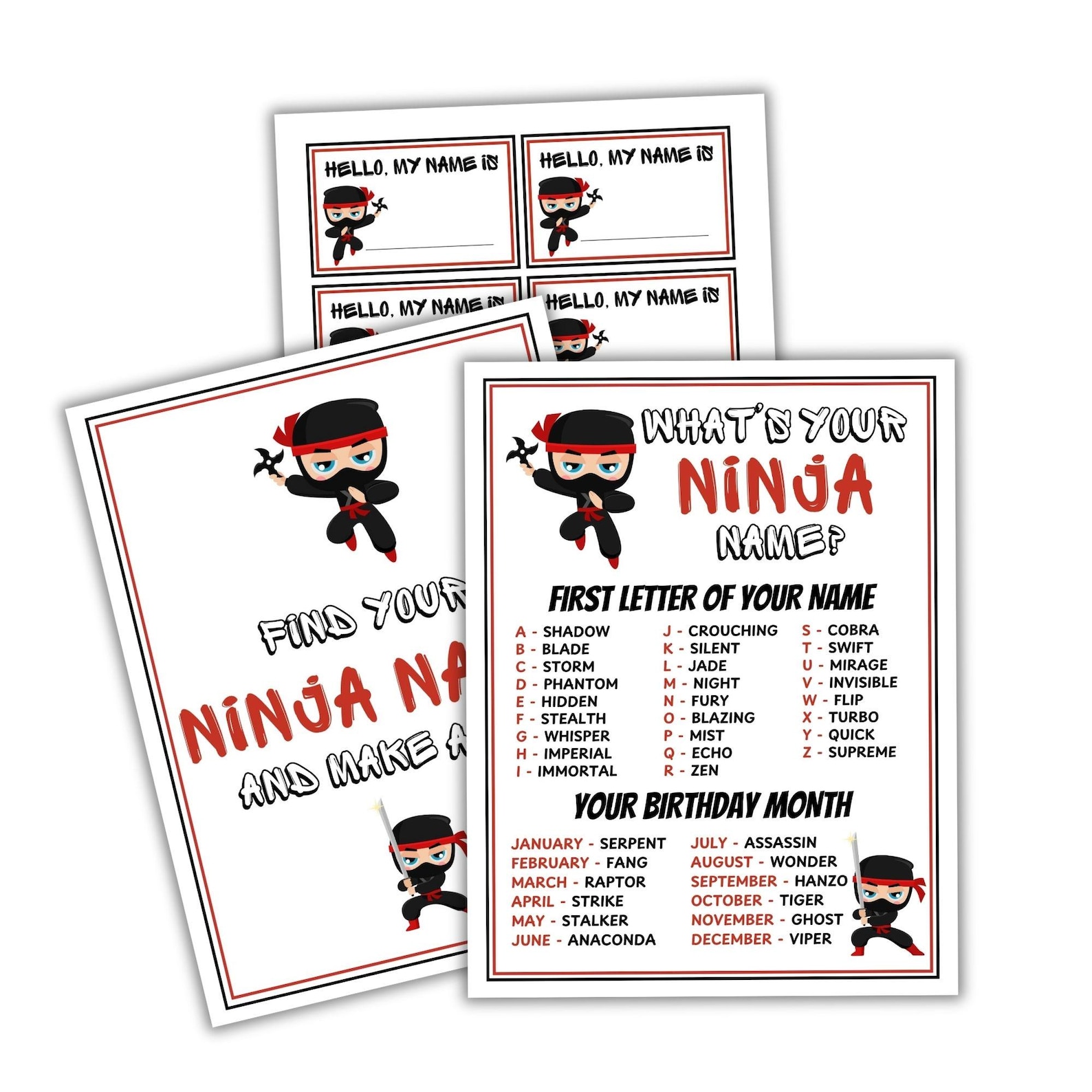 What's Your Ninja Name Party Game Printable Ninja Party Game Ninja Name ...