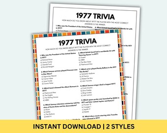 1977 Trivia Game Printable 50th Birthday Games Born In 1976 Game Birthday Games 50th Birthday Game 1977 Trivia Questions & Answers 1977 Quiz