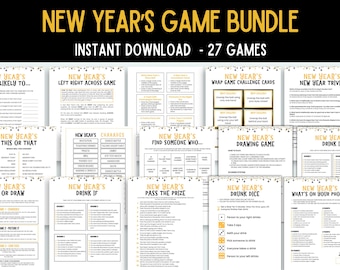 May include: A collection of printable New Year's Eve party games. The bundle includes 27 games with titles like "Most Likely To," "Charades," and "Drink If." The game titles are in gold text on white backgrounds.