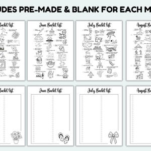 May include: A black and white printable bucket list for May, June, July, and August. Each month has a pre-made list with illustrations and a blank list. The text at the top says "INCLUDES PRE-MADE & BLANK FOR EACH MONTH."