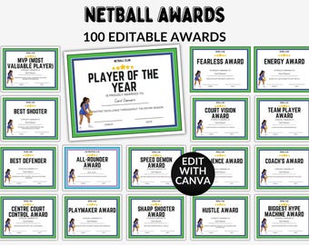 Editable Netball Award Certificates Netball Team Award End of Season Awards Printable Netball Awards Netball Certificate Funny Team Awards