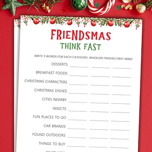 Friendsmas Think Fast Game Printable Christmas Game Christmas Party Game Friendsmas Party Games For Adults Christmas Fast Thinking Game