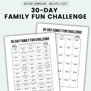 May include: A printable 30-day family fun challenge checklist. The checklist is divided into 30 squares, each with a number representing a day of the month. Each square contains a fun activity for families to do together, such as playing a board game, looking through photo albums, writing a family bucket list, cooking a new recipe together, going for a walk, exploring the city like a tourist, having a dance party, doing something active, building a blanket fort, playing frisbee, building a model or doing a craft project, visiting the local park or playground, visiting a local attraction or landmark, stargazing in the backyard, reading a book, and learning about another country.