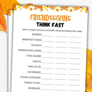 Friendsgiving Think Fast Game Printable Thanksgiving Game Thanksgiving Think Fast Game Friendsgiving Game For Adults Fast Thinking Game