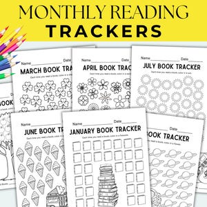 May include: Black and white printable monthly reading trackers for kids. Each tracker features a different theme, such as shamrocks, flowers, ice cream cones, and planets. Each tracker has a space for a name and date.