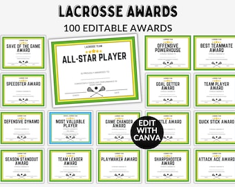 Certificados de premios de lacrosse editables Premios para equipos de lacrosse Premios de fin de temporada Premios de lacrosse Certificados de lacrosse Premios divertidos para equipos