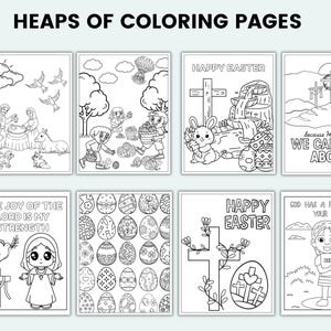 K&ouml;nnte beinhalten: Eine Sammlung von acht Schwarz-Wei&szlig;-Malvorlagen mit religi&ouml;sen und Oster-Themen. Die Seiten zeigen Illustrationen von Kreuzen, Ostereiern und Bibelversen. Der Text "HEAPS OF COLORING PAGES" steht oben.
