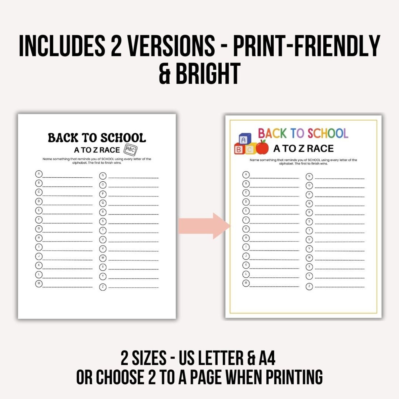 Back to School A to Z Race Game First Day of School Activity Printable ...