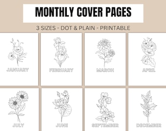 Titelpagina's van 12 maanden Maandelijkse titelpagina Maandelijkse titelpagina Afdrukbare planner-voorpagina's BUJO-sjabloon tijdschriftomslag Bullet Journal