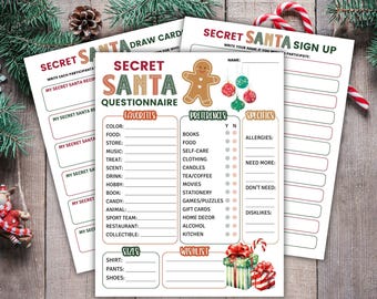 Peut inclure: Un questionnaire imprimable pour le Secret Santa avec des sections pour les favoris, les préférences et les détails. Le questionnaire comprend une illustration d'un bonhomme en pain d'épices et une liste de contrôle pour les préférences.