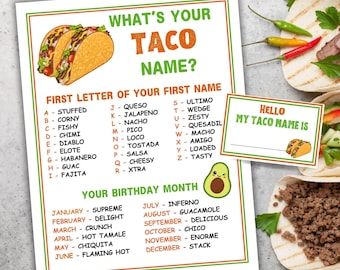 What's Your Taco Name Party Game Printable Taco Party Game Taco Name Generator Taco Bar Party Mexican Fiesta Game Cinco De Mayo Game
