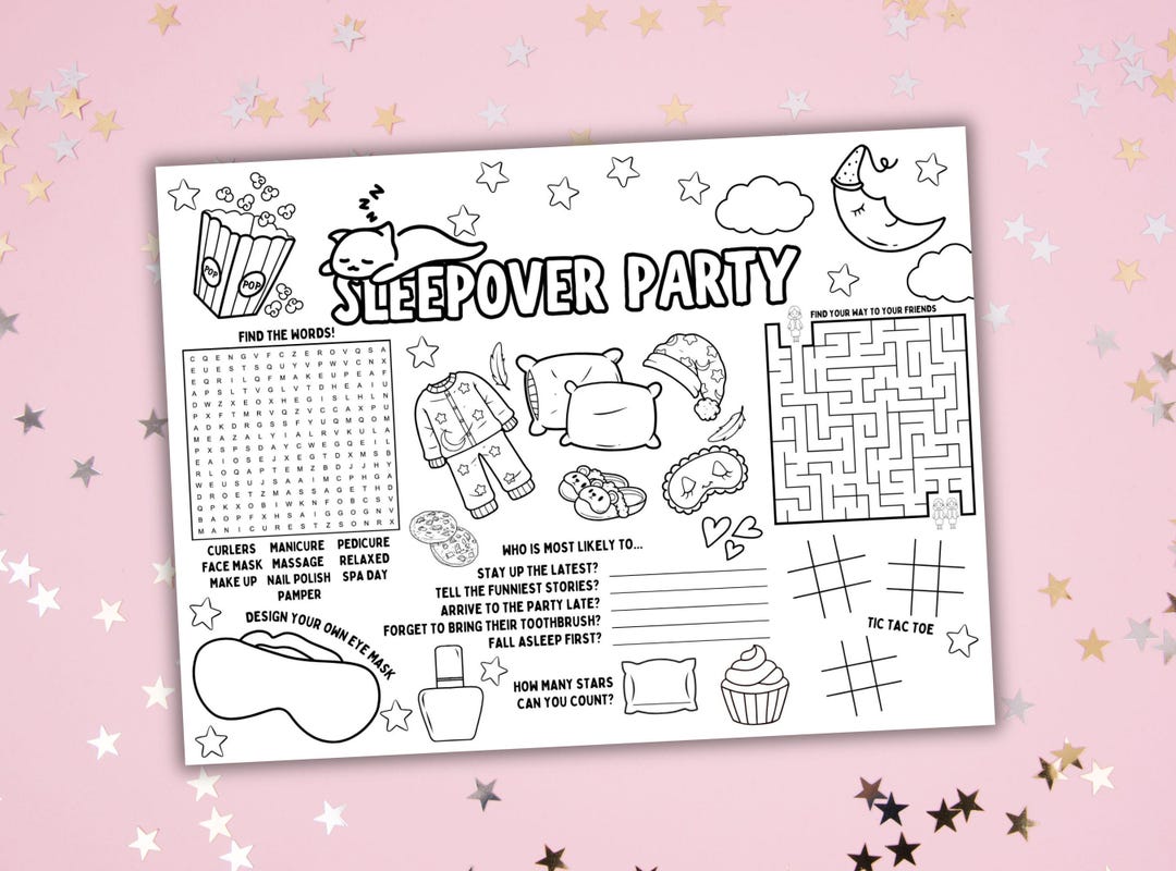 Sleepover Party Activity Placemat Printable Slumber Party Coloring ...
