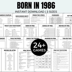 Può includere: Una raccolta di giochi da festa stampabili con il testo "BORN IN 1986" in alto. I giochi includono quiz, sciarade e altre attività divertenti. L'immagine indica anche "DOWNLOAD IMMEDIATO | 3 DIMENSIONI" e "24+ GIOCHI".