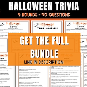 Op de afbeelding: Een digitale download voor een Halloween-trivia-spel met 9 rondes en 90 vragen. De afbeelding toont een collage van verschillende afdrukbare pagina's met de tekst "Halloween Trivia" en "Get the Full Bundle".