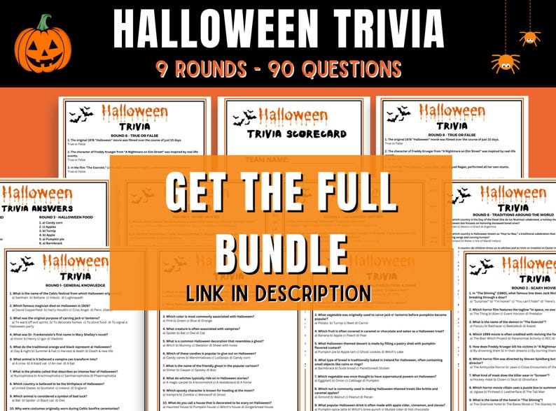 Op de afbeelding: Een digitale download voor een Halloween-trivia-spel met 9 rondes en 90 vragen. De afbeelding toont een collage van verschillende afdrukbare pagina's met de tekst "Halloween Trivia" en "Get the Full Bundle".