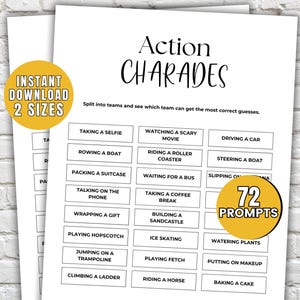 Op de afbeelding: Een afdrukbaar Action Charades-spel met 72 prompts, met zinnen als "Taking a Selfie" en "Baking a Cake". Het ontwerp bevat een gele cirkel met "Instant Download" en "2 Sizes" op een witte achtergrond.