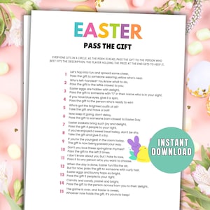 May include: A printable Easter game instruction sheet with a colourful design and the title "Easter Pass the Gift". The instructions are written in a poem format and include directions for passing a gift around a circle of people based on different criteria.