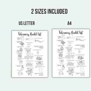 May include: Two printable February Bucket List sheets, one US Letter size and one A4 size, are displayed. The black and white lists feature illustrations and prompts for activities like baking, puzzles, and romantic dates.
