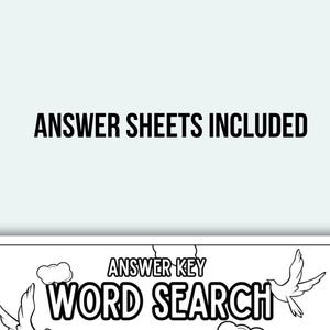 K&ouml;nnte beinhalten: Ein schwarz-wei&szlig;es Wortsuchr&auml;tsel mit dem Text "ANSWER SHEETS INCLUDED" oben. Das R&auml;tsel enth&auml;lt die W&ouml;rter "ANSWER KEY" und "WORD SEARCH" mit Illustrationen von Wolken und V&ouml;geln.