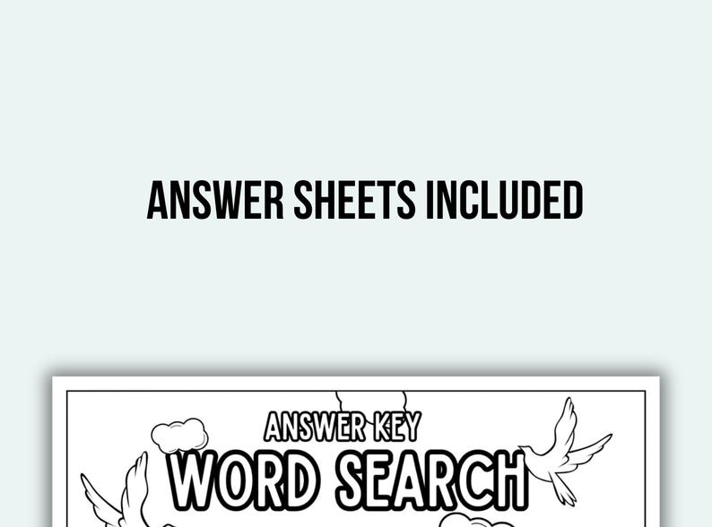 K&ouml;nnte beinhalten: Ein schwarz-wei&szlig;es Wortsuchr&auml;tsel mit dem Text "ANSWER SHEETS INCLUDED" oben. Das R&auml;tsel enth&auml;lt die W&ouml;rter "ANSWER KEY" und "WORD SEARCH" mit Illustrationen von Wolken und V&ouml;geln.