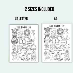 May include: Black and white printable fall bucket list with illustrations of pumpkins, a witch hat, and a bonfire. Includes two sizes: US Letter and A4. The text "FALL BUCKET LIST" is at the top.