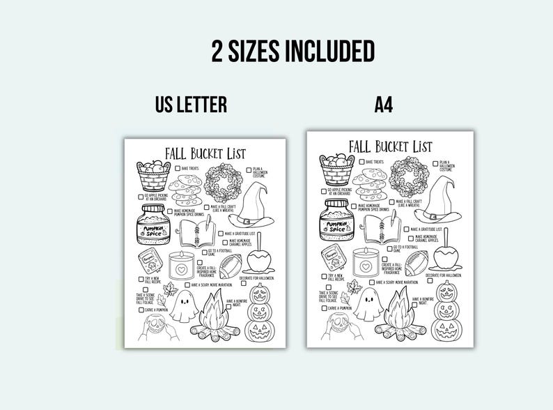 May include: Black and white printable fall bucket list with illustrations of pumpkins, a witch hat, and a bonfire. Includes two sizes: US Letter and A4. The text "FALL BUCKET LIST" is at the top.