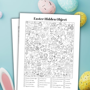 May include: A black and white Easter Hidden Object puzzle with a checklist of items to find, including Easter eggs, bunnies, and flowers. The puzzle is on a white sheet of paper, surrounded by pastel-coloured Easter eggs.
