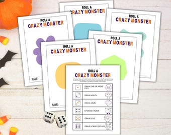 Könnte beinhalten: Ein Set von Roll a Crazy Monster Aktivitätsblättern mit einer Spieltabelle mit Würfelanweisungen und verschiedenen farbigen leeren Monsterformen auf weißem Papier, begleitet von zwei sechsseitigen Würfeln.