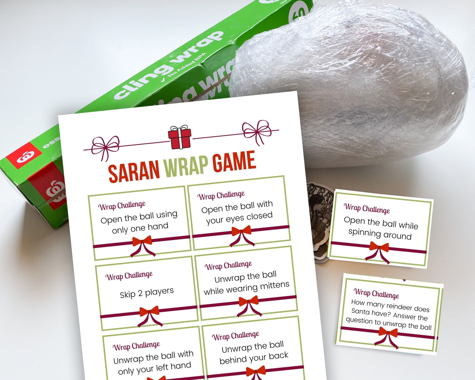 Saran Wrap Ball Game Rules With Coal Cards Saran Wrap Challenge Cards Plastic Wrap Ball Game Christmas Party Game Plastic Wrap Game