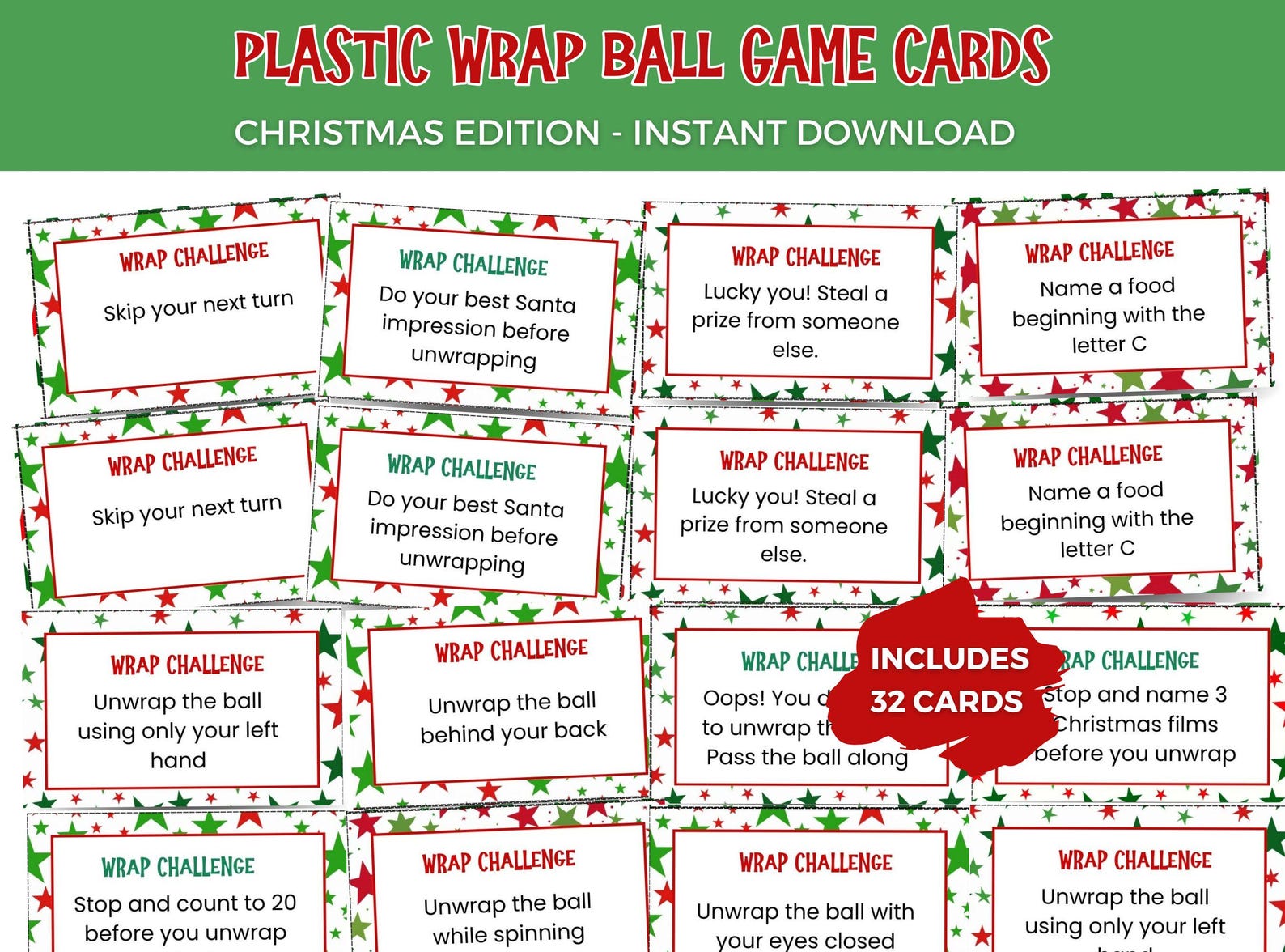 Saran Wrap Game Printable Plastic Wrap Ball Cards Christmas Saran Wrap Ball Challenge Cards ...