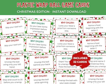 Saran Wrap Game Printable Plastic Wrap Ball Cards Christmas Saran Wrap Ball Challenge Cards Christmas Party Game Saran Wrap Ball Game
