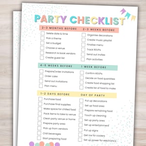 May include: A party checklist printed on white paper with pastel-colored headings and checkboxes. The checklist is divided into sections like "2-3 Months Before" and "Day of Party," with tasks such as "Pick a theme" and "Set up entertainment."