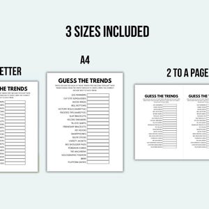 May include: A white paper with the text "GUESS THE TRENDS" in black, available in three sizes: US Letter, A4, and a two-page spread. The text lists various trends, including leg warmers, cat eye sunglasses, and platform shoes.