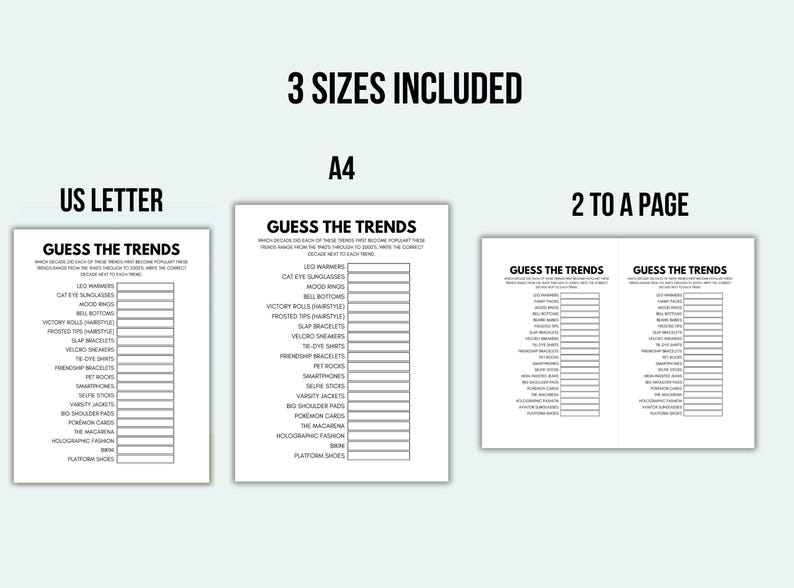 May include: A white paper with the text "GUESS THE TRENDS" in black, available in three sizes: US Letter, A4, and a two-page spread. The text lists various trends, including leg warmers, cat eye sunglasses, and platform shoes.