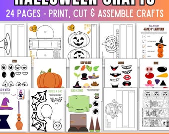 May include: A set of 24 printable Halloween craft pages for kids. The pages feature various Halloween themes, including a jack-o-lantern, a witch, a bat, a zombie, and a mummy. The crafts are designed to be cut out and assembled, providing hours of fun for children.