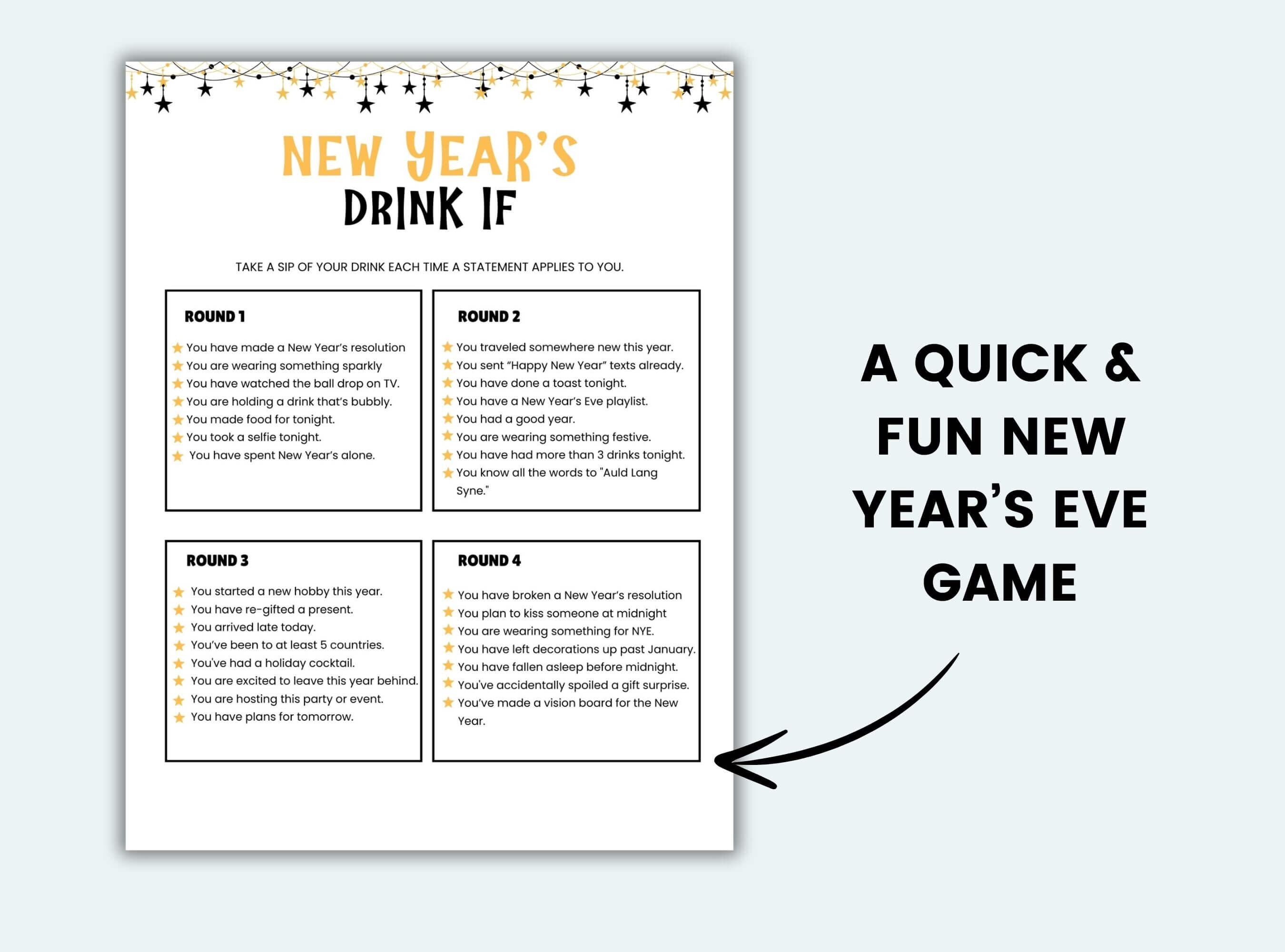 New Years Drink If Game Printable New Years Eve Game New Years Drinking ...
