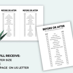 May include: A printable worksheet titled "Before or After" with a list of items to categorize. Includes a pair of green scissors and text: "YOU WILL RECEIVE: US LETTER SIZE, A4 SIZE, 2 TO A PAGE ON US LETTER."