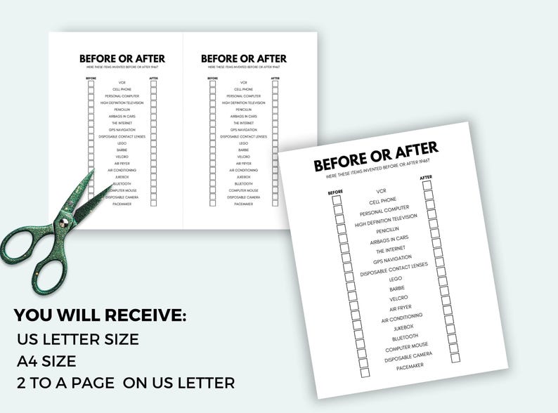May include: A printable worksheet titled "Before or After" with a list of items to categorize. Includes a pair of green scissors and text: "YOU WILL RECEIVE: US LETTER SIZE, A4 SIZE, 2 TO A PAGE ON US LETTER."