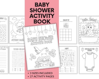May include: A baby shower activity book featuring 27 pages of black and white line art illustrations. The cover displays a stork, baby toys, and blocks. Interior pages include a maze, word search, I-Spy, and coloring activities.