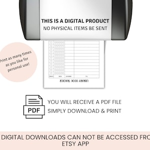 K&ouml;nnte beinhalten: Eine druckbare PDF-Datei zum Verfolgen von Bibliotheksb&uuml;chern. Das Dokument hat ein Schwarzwei&szlig;-Design mit dem Titel "Library Book Tracker". Der Text "Dies ist ein digitales Produkt. Es werden keine physischen Artikel versandt." wird oben im Bild angezeigt. Der Text "Drucken Sie so oft Sie m&ouml;chten f&uuml;r den pers&ouml;nlichen Gebrauch!" wird in einem rosa Kreis unten links im Bild angezeigt. Der Text "Sie erhalten eine PDF-Datei. Laden Sie sie einfach herunter und drucken Sie sie aus." wird unten im Bild angezeigt. Der Text "HINWEIS: Digitale Downloads sind nicht &uuml;ber die Etsy-App zug&auml;nglich." wird unten im Bild angezeigt.