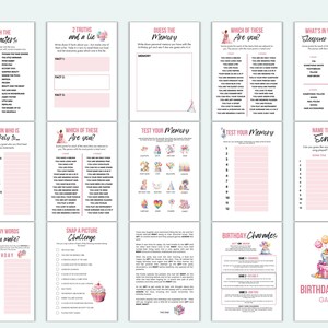 May include: A collection of printable birthday party games with pink and white backgrounds. Games include "Match the Characters," "2 Truths and a Lie," "Guess the Memory," and "Which of These Are You?"