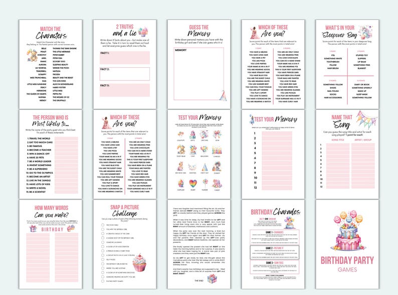 May include: A collection of printable birthday party games with pink and white backgrounds. Games include "Match the Characters," "2 Truths and a Lie," "Guess the Memory," and "Which of These Are You?"