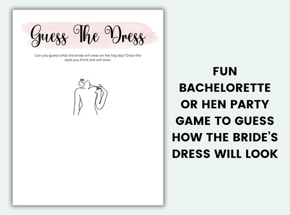 guess the dress hen party game Guess the Dress Bachelorette Party Game Printable Hen Party Game  Bachelorette Games Wedding Games Bridal Shower Game Wedding Dress Game
