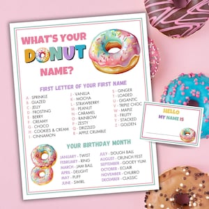 What&#39;s Your Donut Name Party Game Printable Donut Party Game Donut Name Generator Doughnut Party Game Donut Party Activity Donut Game