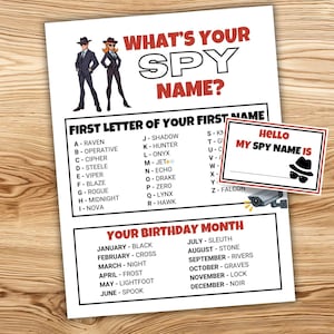 May include: A white paper with the text "What's Your Spy Name?" features a list of names and months to create a spy name. A small card reads "Hello, My Spy Name Is" with a spy graphic.
