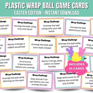 Easter Saran Wrap Ball Game Afdrukbare plastic wrap-balkaarten Easter Saran Wrap Game Challenge-kaarten Paasfeestspel Familiespellen voor Pasen