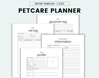 May include: Printable pet care planner with sections for vet log, groomer log, pet profile, and petsitter information. The planner has a black and white design with a minimalist aesthetic.