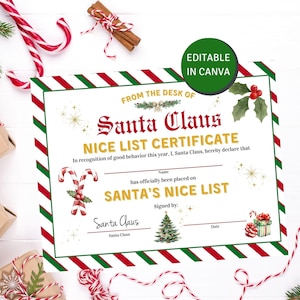 Certificato di lista dei buoni di Natale Nota di Babbo Natale Lettera di lista dei buoni modificabile Riempimento della scatola della vigilia di Natale Lettera di lista dei buoni stampabile da Babbo Natale