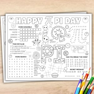 May include: Black and white printable activity sheets with the text "HAPPY PI DAY" and various math-themed puzzles, including word scrambles, mazes, and a word search. A set of colored pencils is in the bottom right corner.